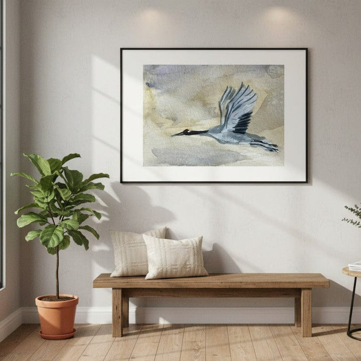 Great Blue Heron in Flight Watercolor Wall Art Decor - Framed Print Options