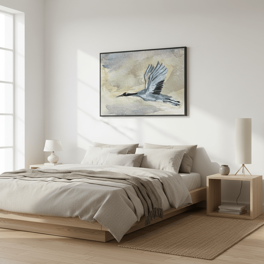 Modern bedroom with a bed, nightstands, and a painting of a bird on the wall - Bromont Media