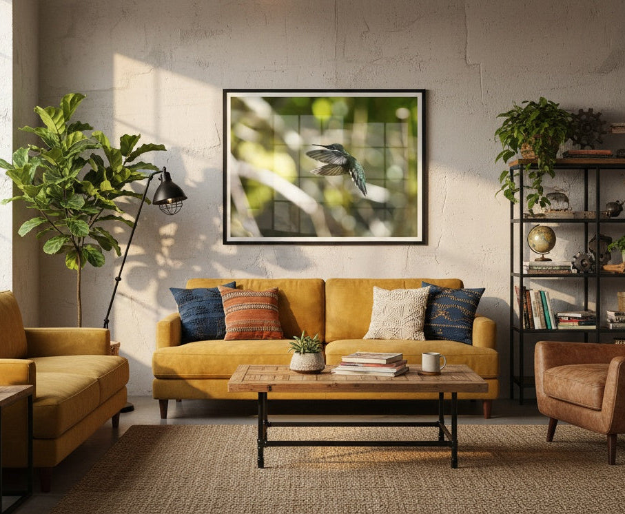 Modern living room with yellow sofa, brown armchair, and decorative elements - Framed photograpy by Andrew Semple