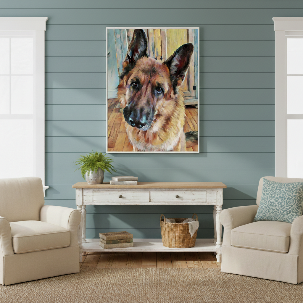 Living room with a painting of a German Shepherd on the wall - Studio Shefford