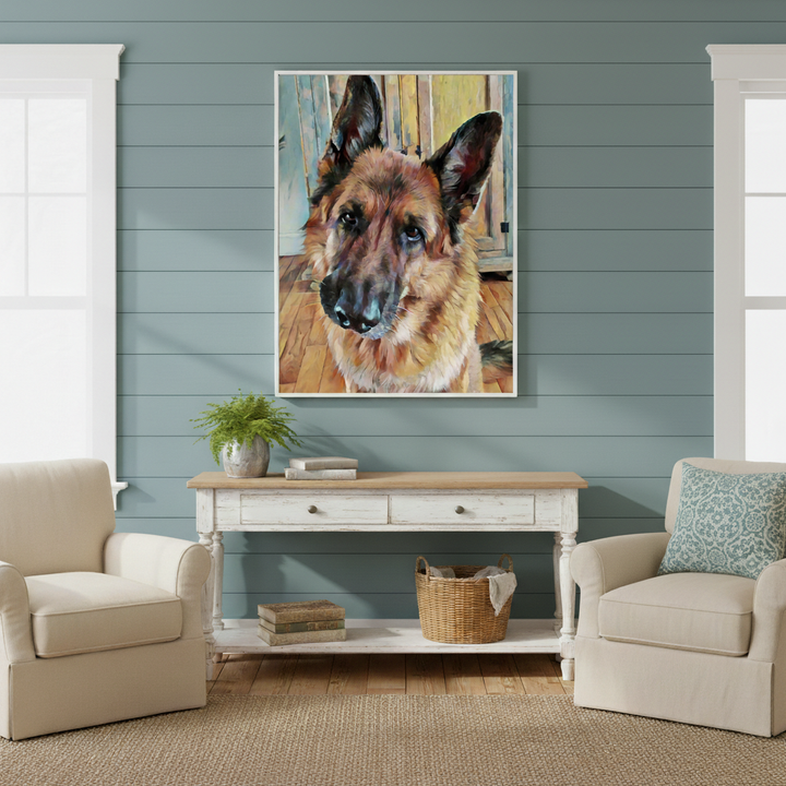 Living room with a painting of a German Shepherd on the wall - Studio Shefford