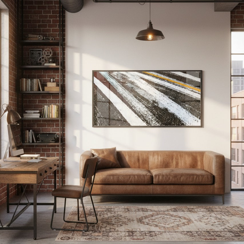 Modern living room with brown leather sofa, wooden desk, and abstract painting on wall by Studio Shefford