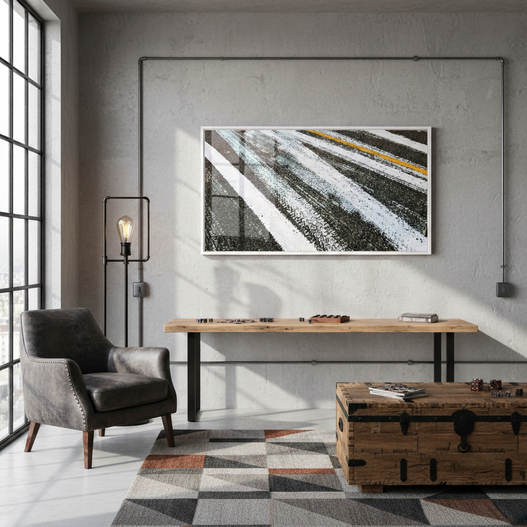 Modern interior with a gray armchair, wooden table, and abstract painting on a gray wall by Studio Shefford