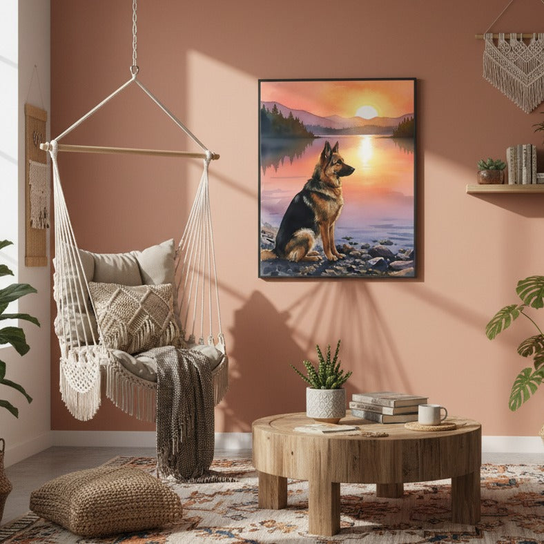 "Guardian of the Lake" German Shepherd Sunset Art Print - Canvas Framed Options