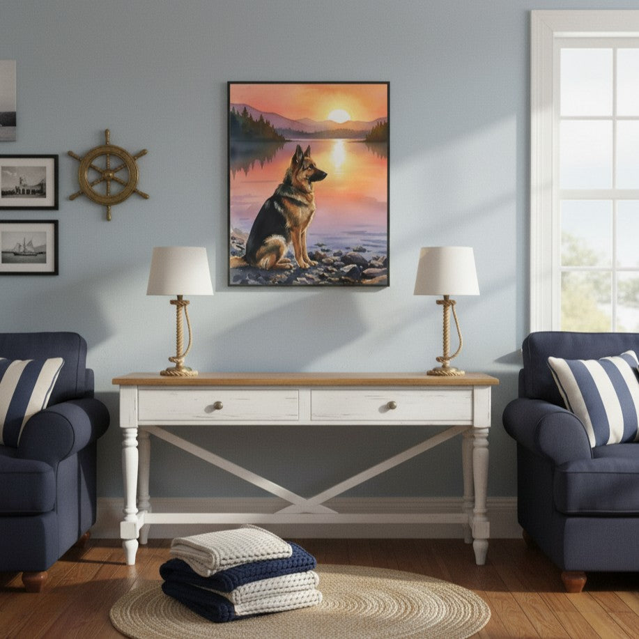 "Guardian of the Lake" German Shepherd Sunset Art Print - Canvas Framed Options