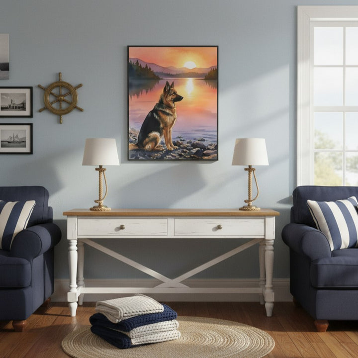 "Guardian of the Lake" German Shepherd Sunset Art Print - Canvas Framed Options
