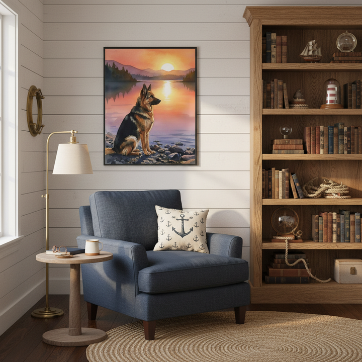 "Guardian of the Lake" German Shepherd Sunset Art Print - Canvas Framed Options