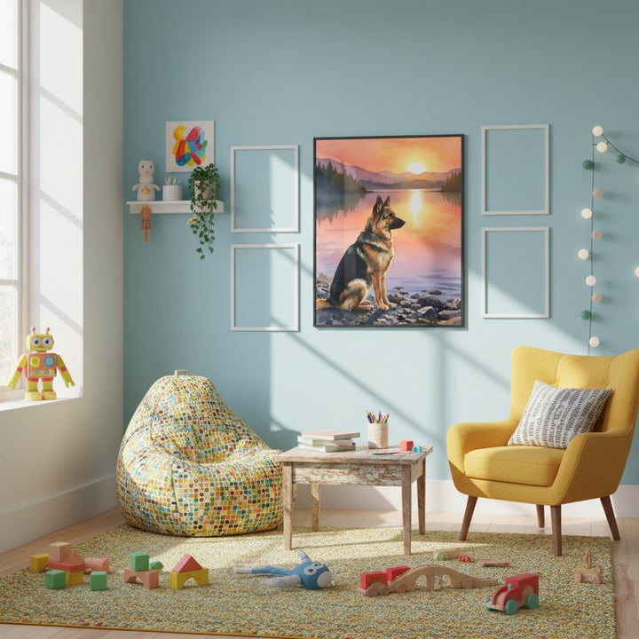 "Guardian of the Lake" German Shepherd Sunset Art Print - Canvas Framed Options