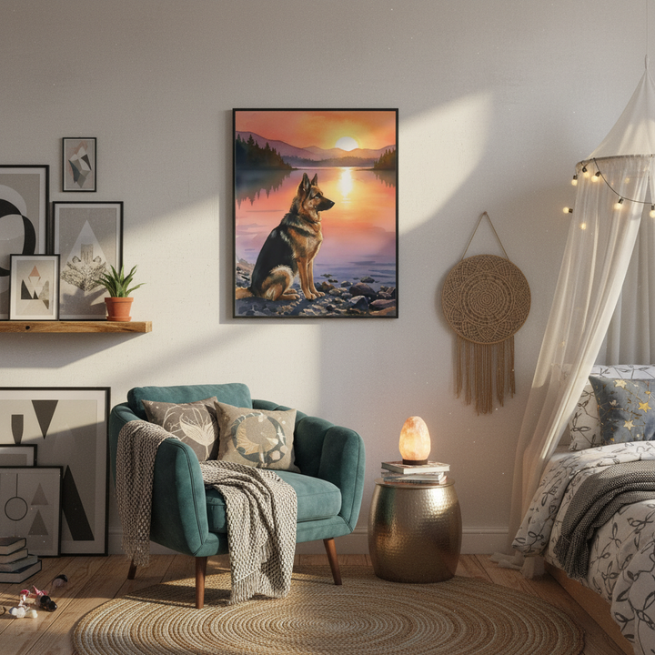 "Guardian of the Lake" German Shepherd Sunset Art Print - Canvas Framed Options