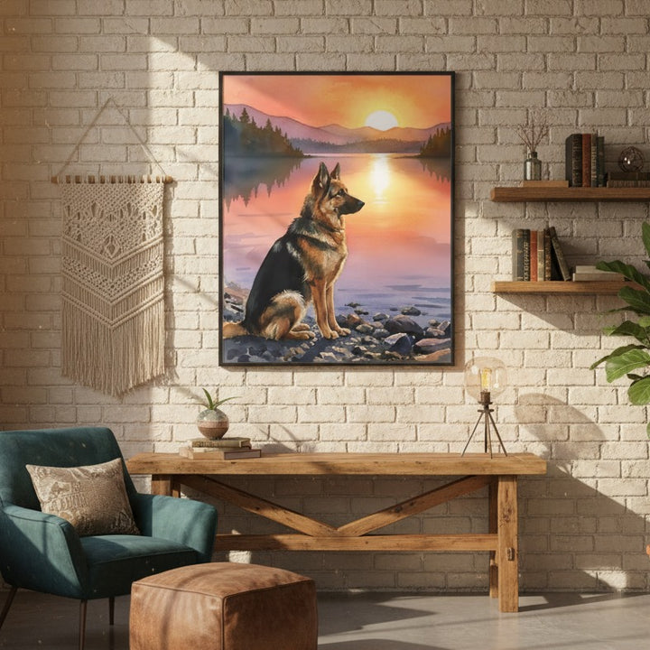 "Guardian of the Lake" German Shepherd Sunset Art Print - Canvas Framed Options