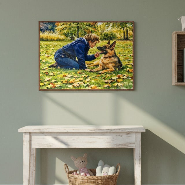 Framed artwork of a woman and dog in a park on a wall above a wooden console table with toys.