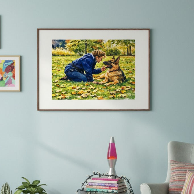 Framed artwork of a woman and dog in a park on a light blue wall with decorative items below.