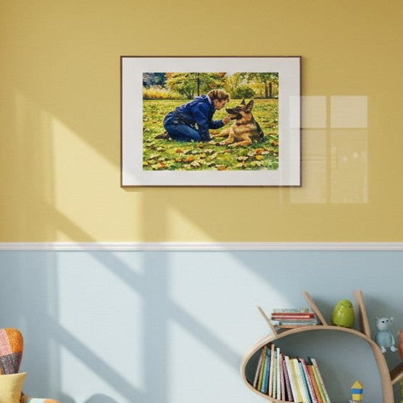 Autumn Moment with Beloved German Shepherd - Fine Art Framed Options