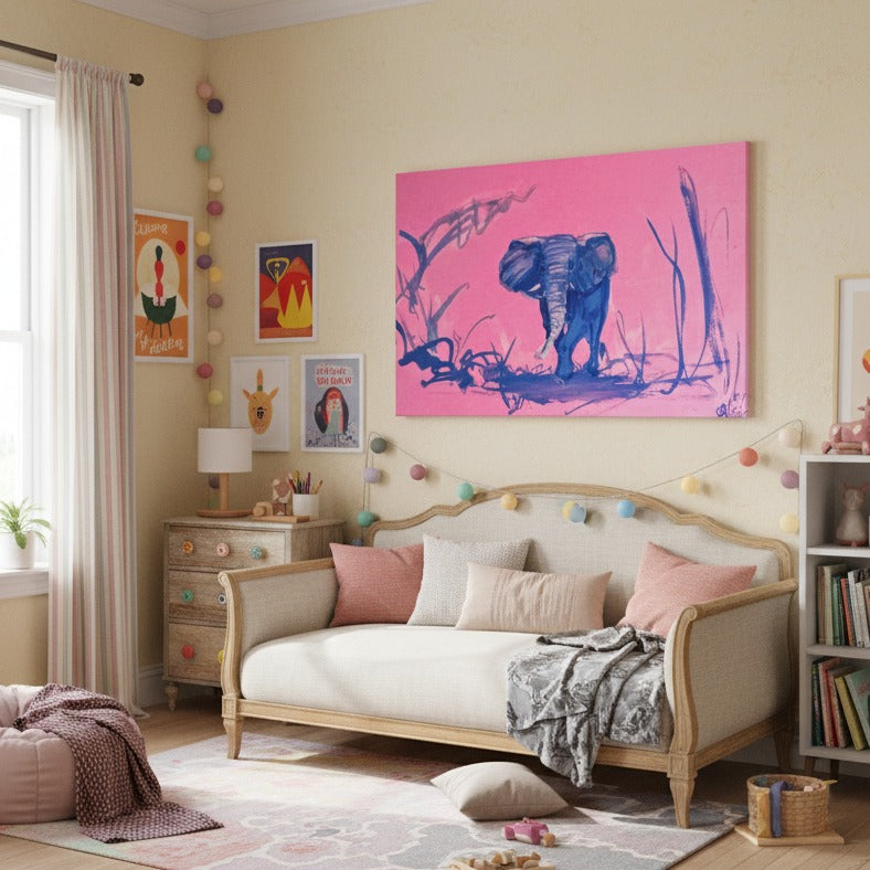 Children's room with a bed, colorful wall art, and toys - Bromont Media