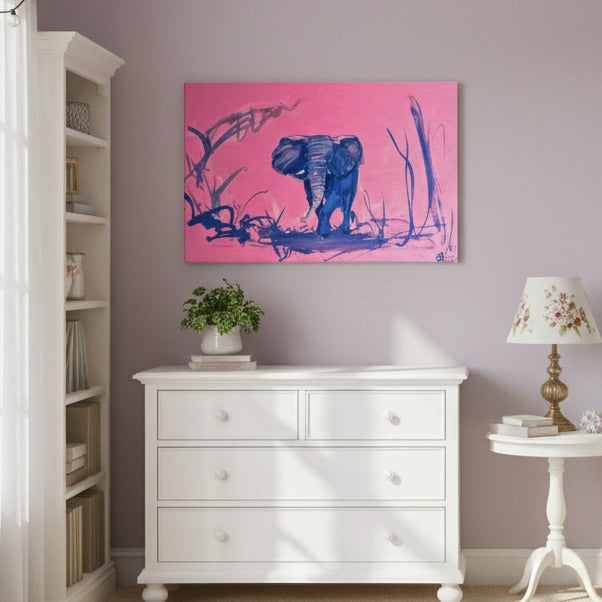 Whimsical Pink Elephant Playful Watercolor Art Print - Canvas
