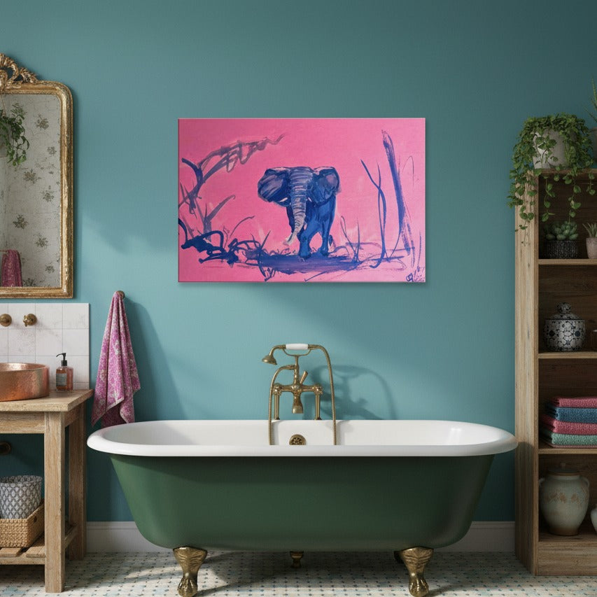 Whimsical Pink Elephant Playful Watercolor Art Print - Canvas