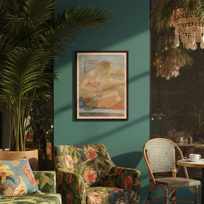 Maximimalist tropical coffeeshop interior with floral armchair, table, and framed artwork of a young girl at the beach - by Veronique Semple on Bromont Media