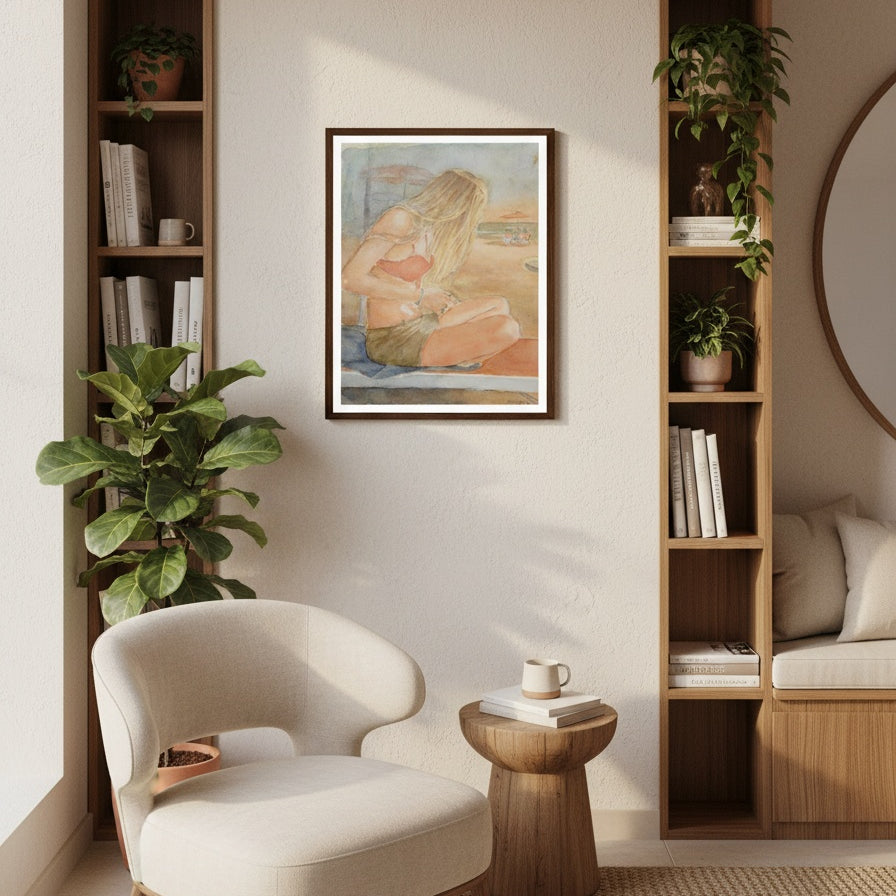 Modern reading room nook with a white armchair, wooden shelves, and a beach themed painting on the wall - by Veronique Semple on Bromont Media