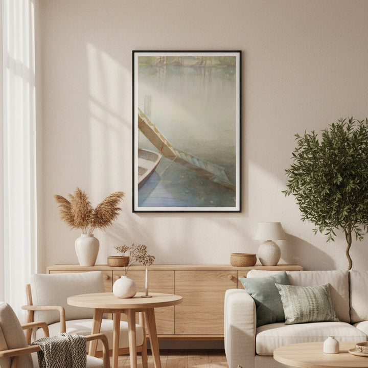 Serene living room with natural wood, neutral tones and a beautiful painting of a foggy lake - by Veronique Semple on Bromont Media