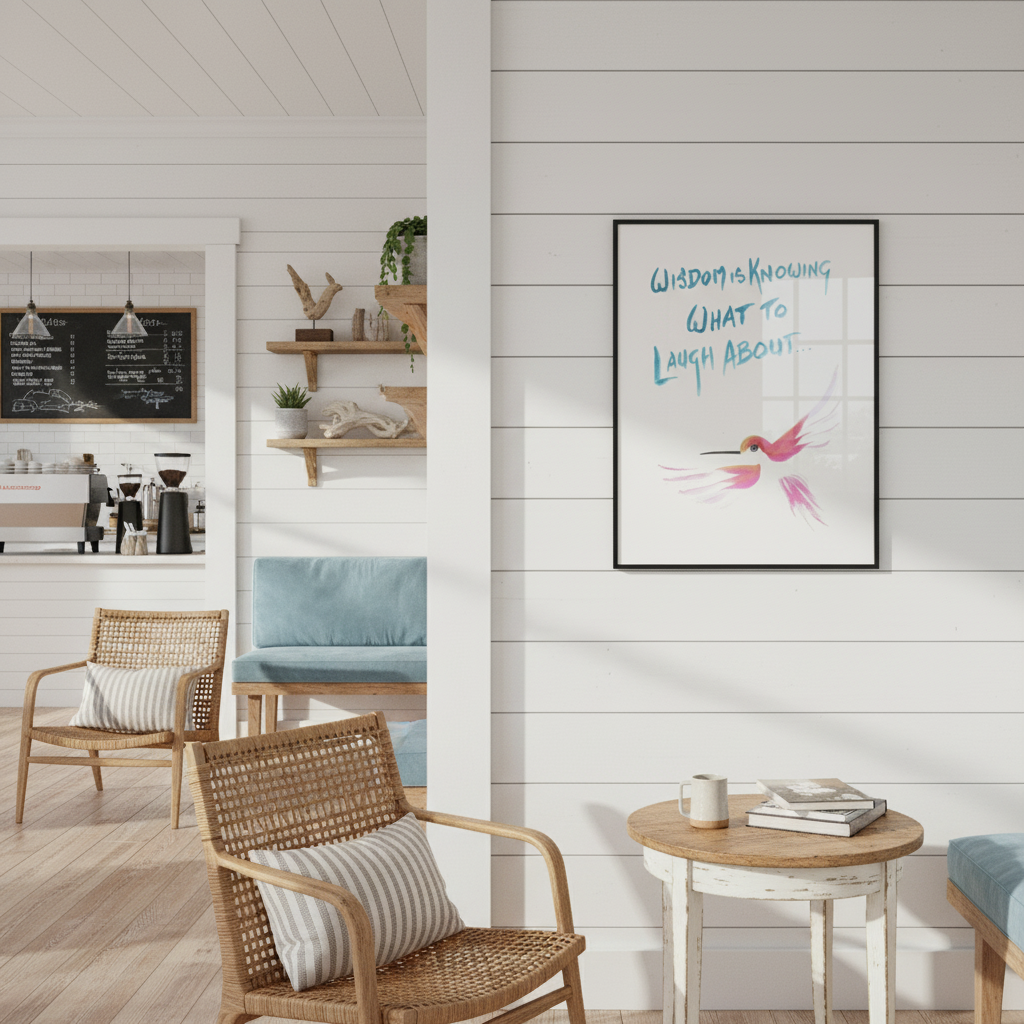 Cozy coffee shop with wicker chairs, a small table, and wall art of a humming bird with witty quote - by Andrew Semple on Bromont Media