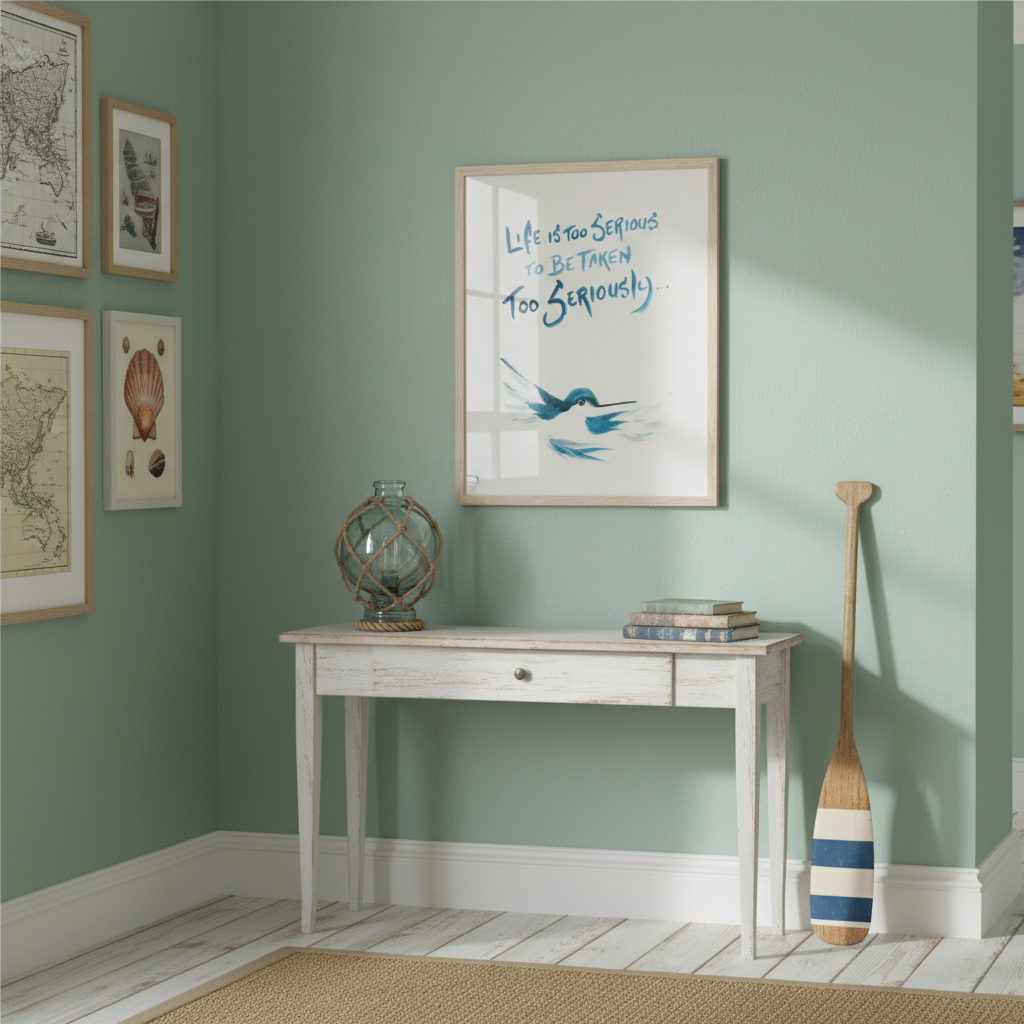 Room interior with a console table, framed artwork of a hummingbird with inspirational quote, and decorative nautical items against a green wall - by Andrew Semple on Bromont Media
