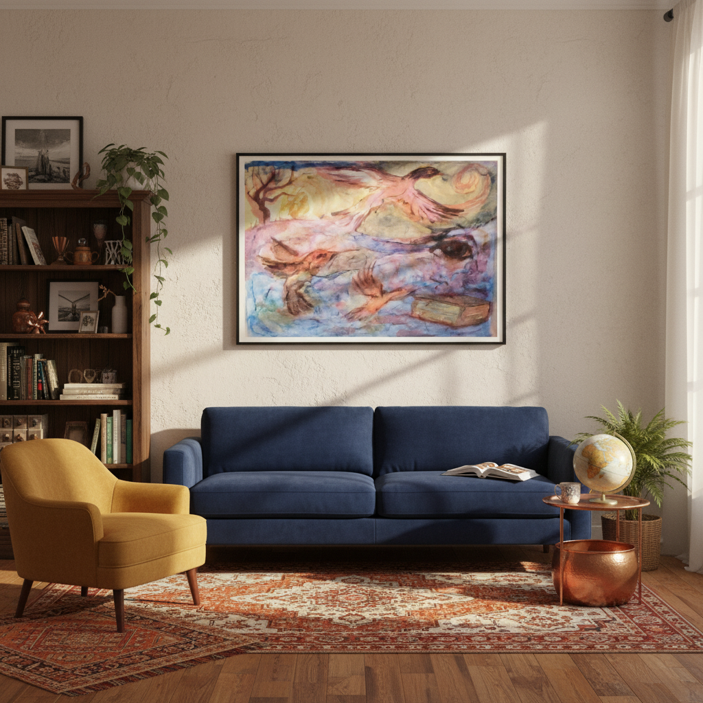 Eclectic reading nook with bookcase, plant, globe, blue couch and large semi-abstract watercolor painting - by Andrew Semple on Bromont Media