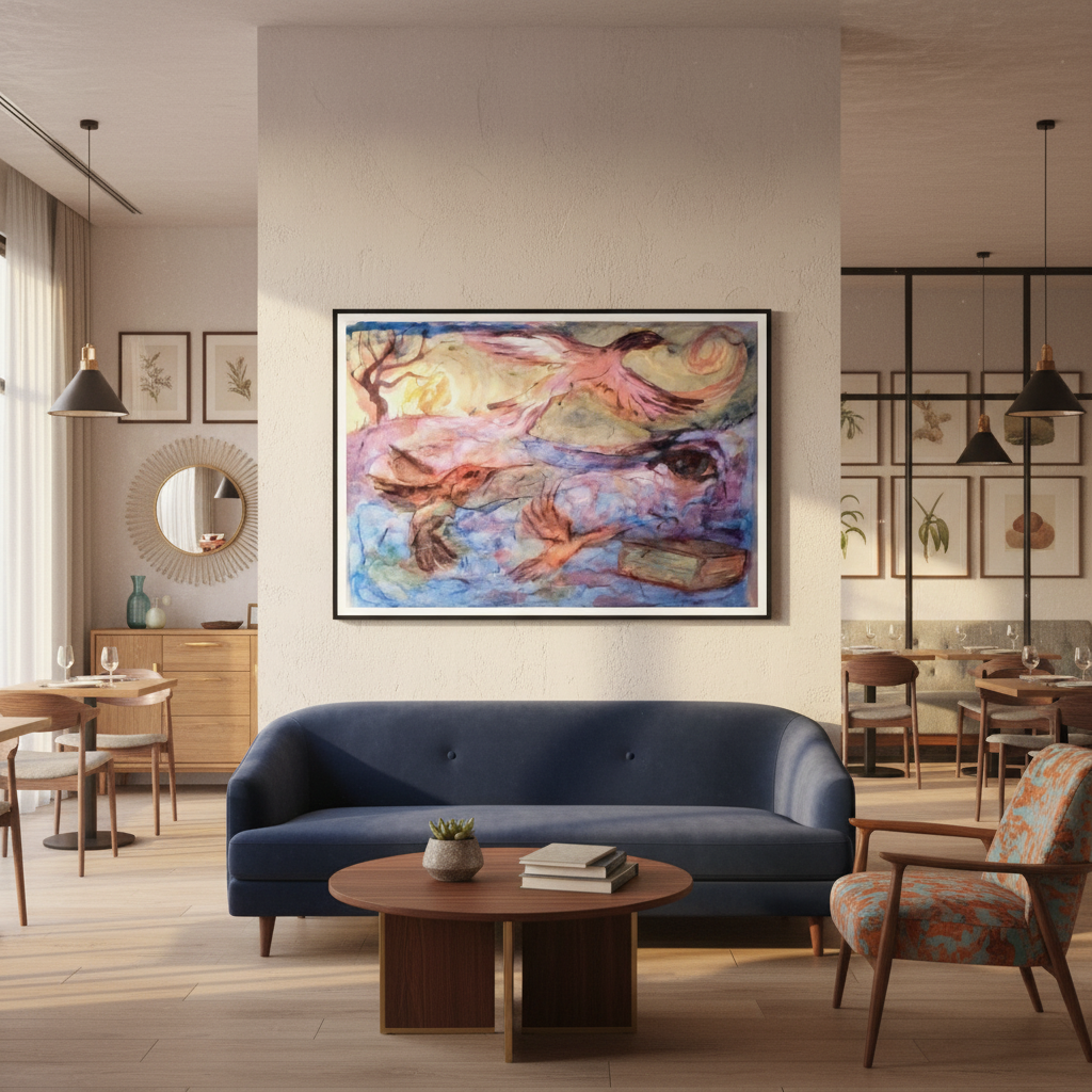 Modern art-deco style restaurant with blue couch, wooden table and large semi-abstract watercolor painting - by Andrew Semple on Bromont Media