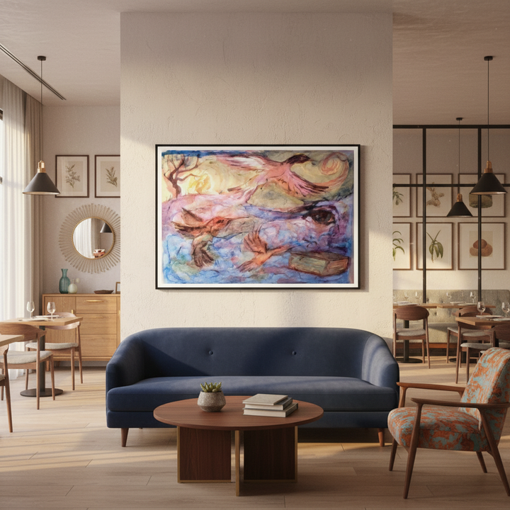 Modern art-deco style restaurant with blue couch, wooden table and large semi-abstract watercolor painting - by Andrew Semple on Bromont Media