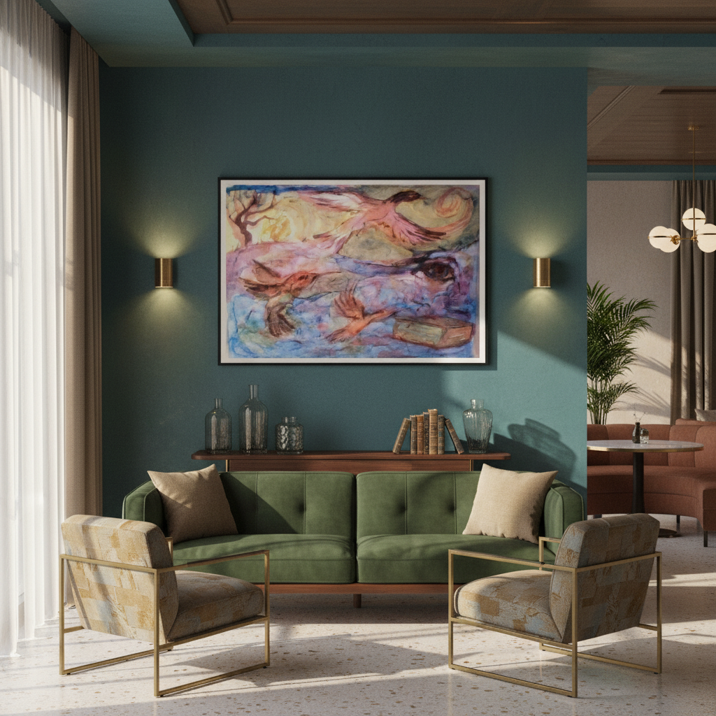 Mid-century modern hotel lobby with brass sconces, green couch and large semi-abstract watercolor painting - by Andrew Semple on Bromont Media
