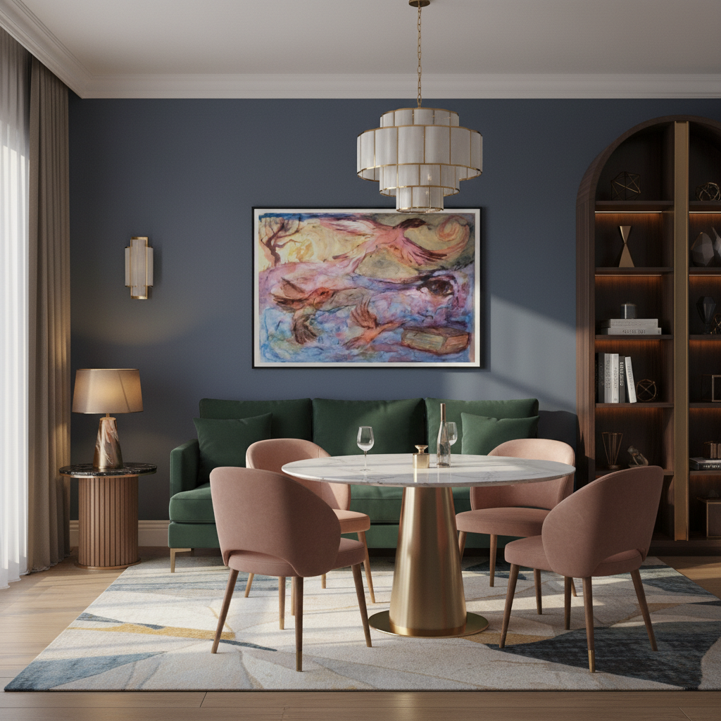 Art deco style living room with white chandelier, green couch and large semi-abstract watercolor painting - by Andrew Semple on Bromont Media