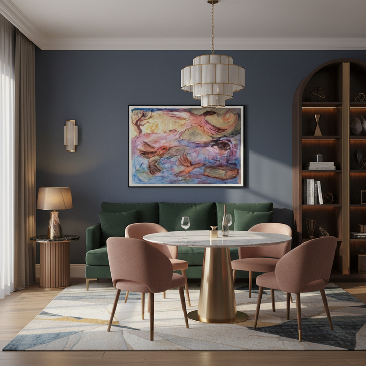 Art deco style living room with white chandelier, green couch and large semi-abstract watercolor painting - by Andrew Semple on Bromont Media