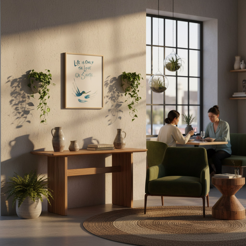 Modern restaurant interior design with a wooden console, green chair, people sitting at a table and hummingbird wall art - by Andrew Semple on Bromont Media