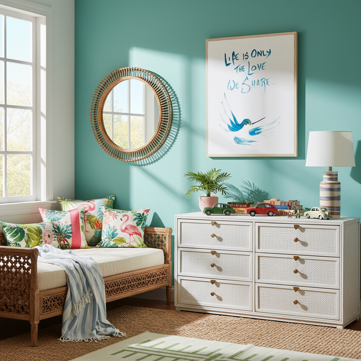 Kid's room with wicker sofa, white dresser, and hummingbird wall art on a turquoise wall - by Andrew Semple on Bromont Media