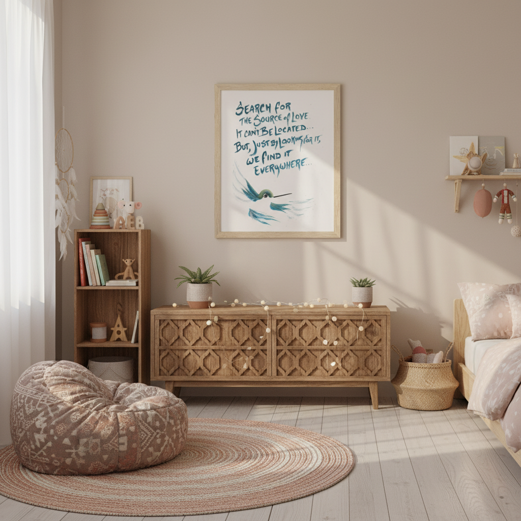 Kid's bedroom with wooden furniture, bean bag chair, and decorative wall art of a hummingbird - by Andre Semple on Bromont Media