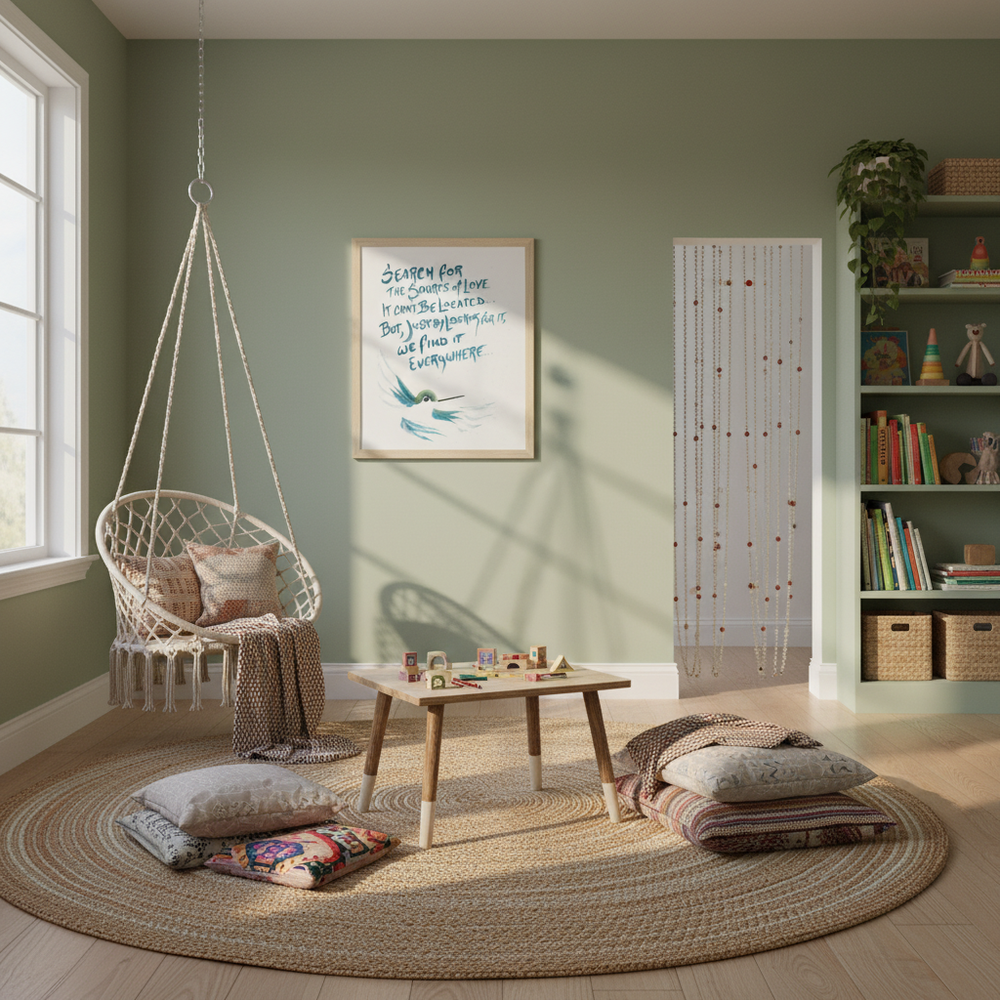 Cozy children's play room with a hanging chair, small table, decorative pillows on a round rug and hummingbird artwork - by Andrew Semple on Bromont Media