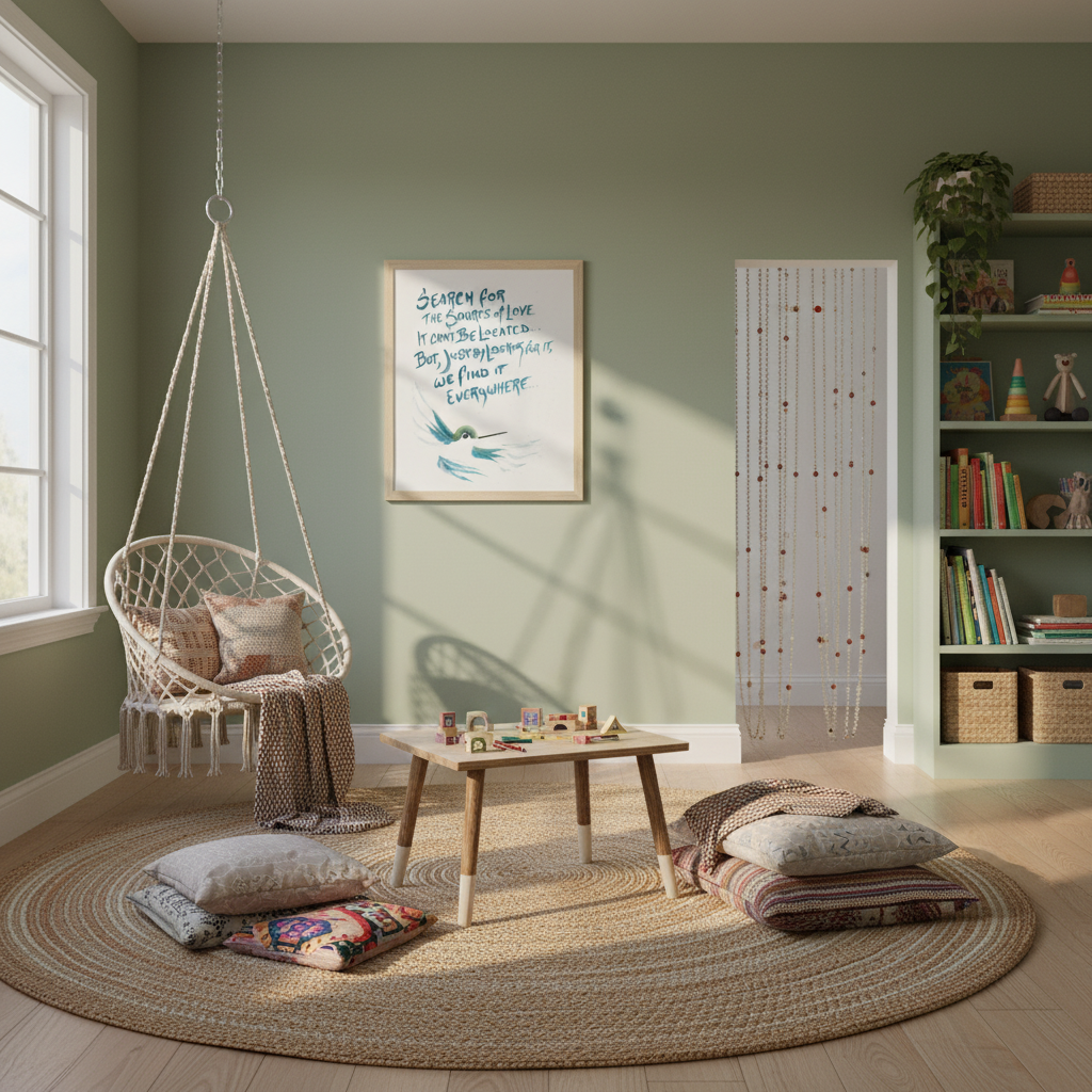 Cozy children's play room with a hanging chair, small table, decorative pillows on a round rug and hummingbird artwork - by Andrew Semple on Bromont Media