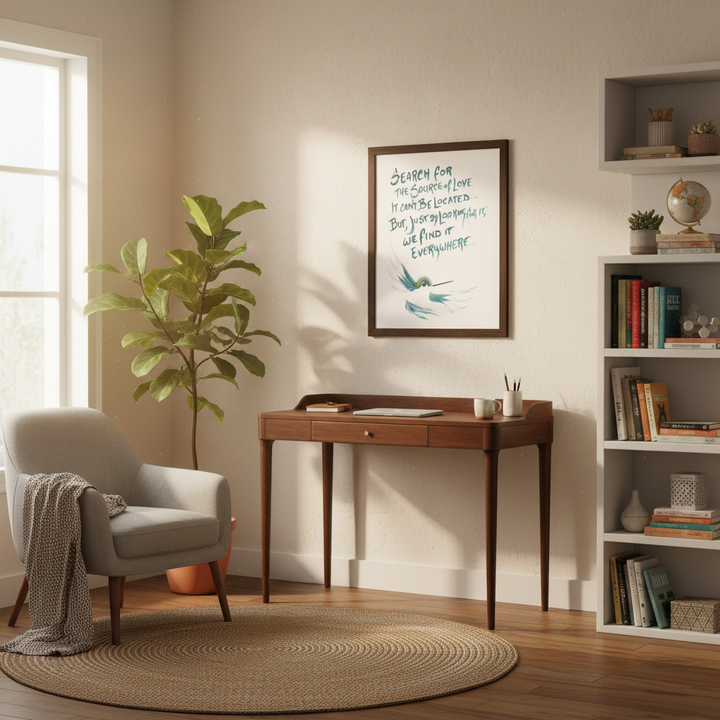 Home office with wooden desk, chair, bookshelf and hummingbird wall art - by Andrew Semple on Bromont Media