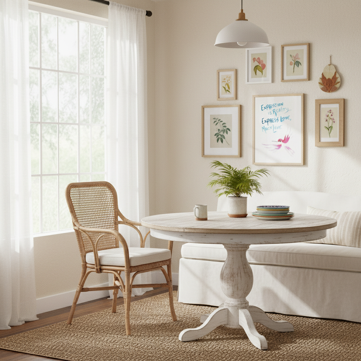 Dining room with wooden table, chairs, and framed hummingbird artwork on the wall - by Andrew Semple on Bromont Media