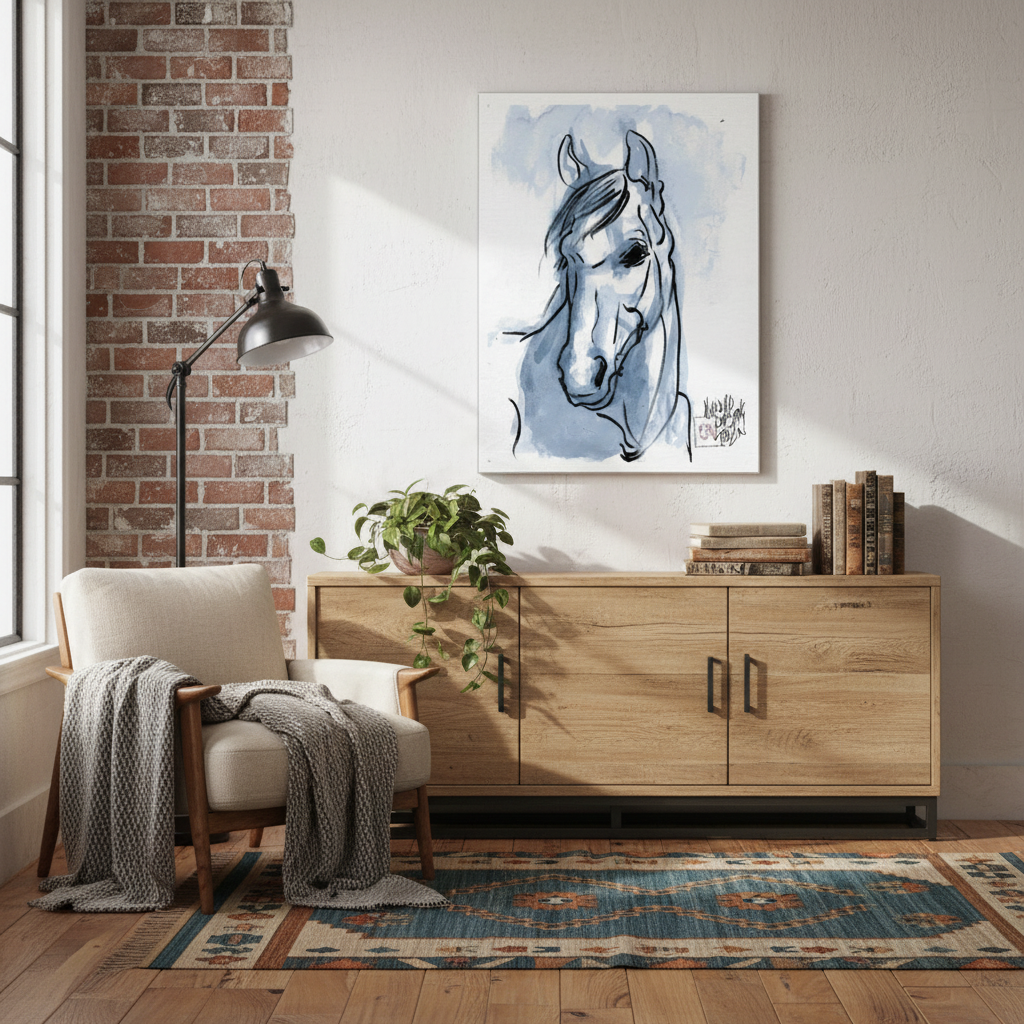 Living room with a wooden sideboard, chair, and horse painting on the wall - by Andrew Semple ob Bromont Media