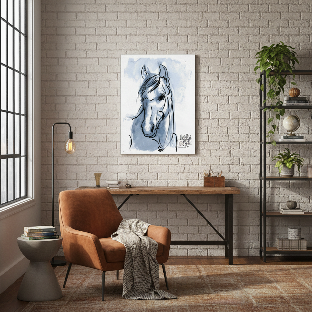 Modern interior with a horse painting on the wall, brown armchair, and wooden desk - by Andrew Semple on Bromont Media