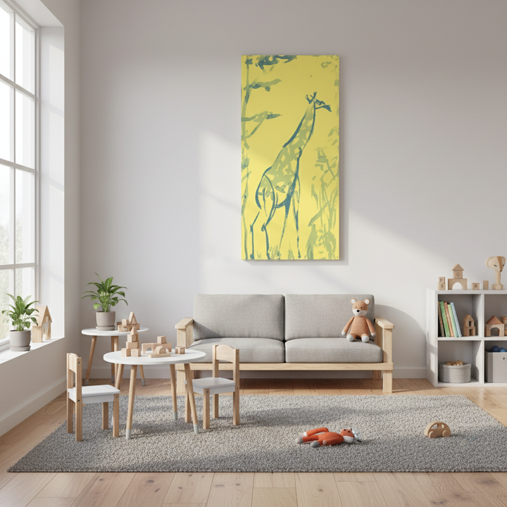 Children's playroom with a gray sofa, wooden table, chairs, and toys. A colorful giraffe painting is on the wall.