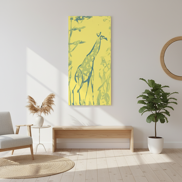 Living room with a yellow abstract painting of a giraffe, a wooden bench, and a plant - by Andrew Semple on Bromont Media