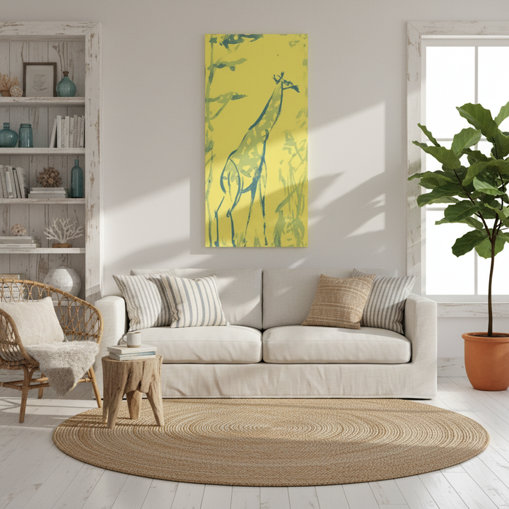 Living room with a beige sofa, wicker chair, and a yellow painting of giraffes on the wall - by Andrew Semple on romont Media