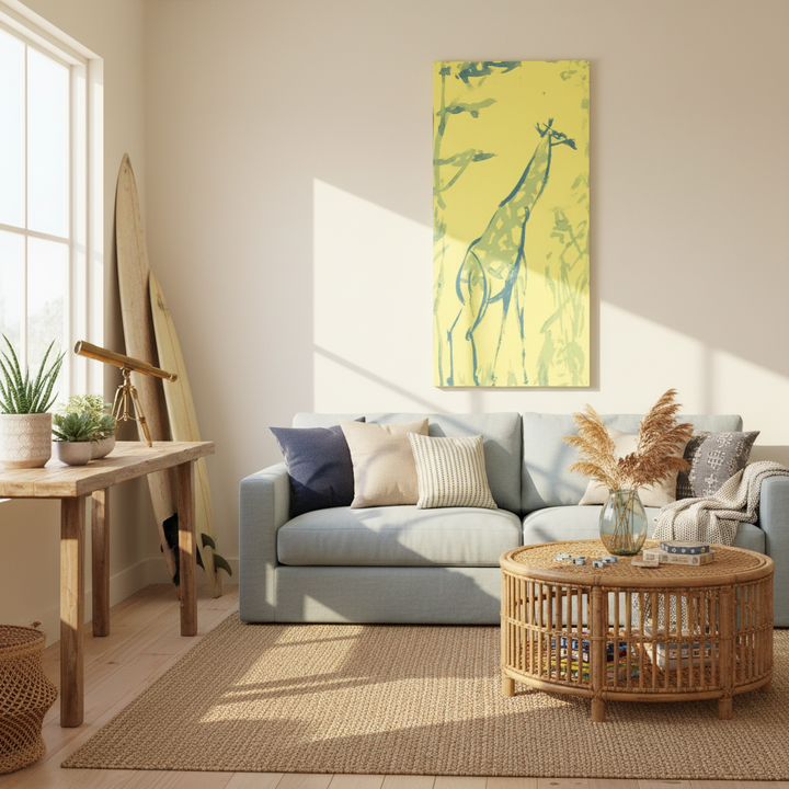 Living room with a gray sofa, wicker coffee table, and a painting of giraffes on the wall - by Andrew Semple on Bromont Media