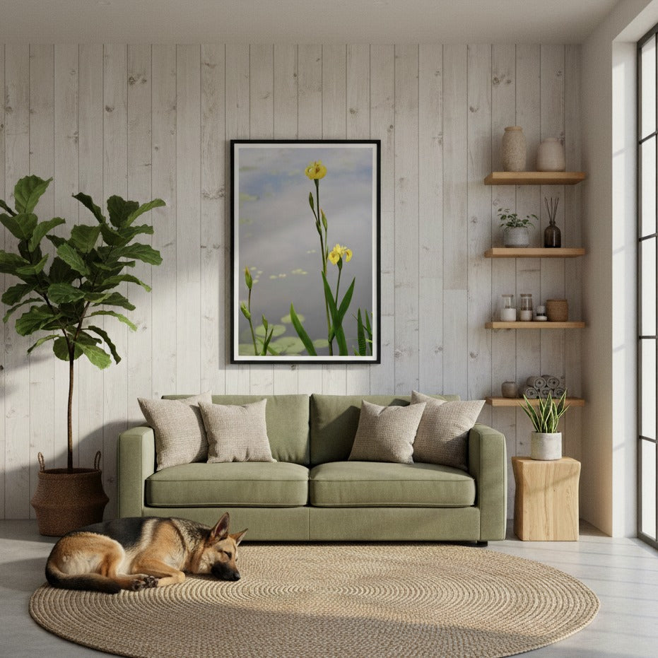 Living room with a green sofa, dog, and decorative framed flower art - Bromont Media