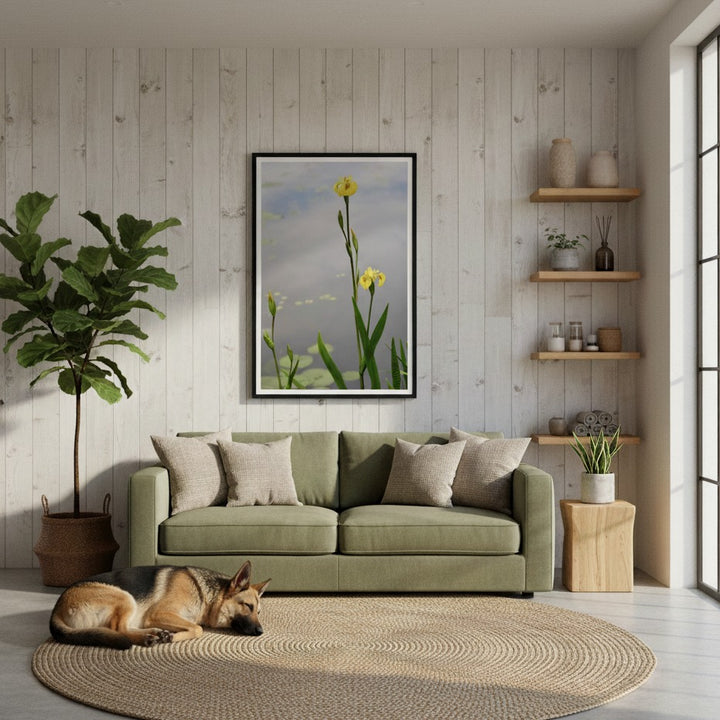 Living room with a green sofa, dog, and decorative framed flower art - Bromont Media