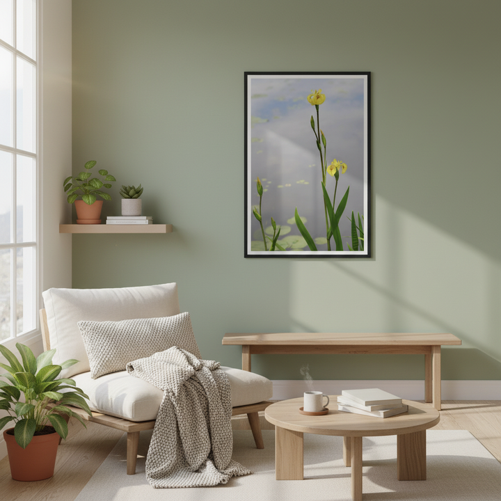 Grâce ensoleillée : Iris jaune captivant – Impression d'art encadrée en bois mat de qualité supérieure
