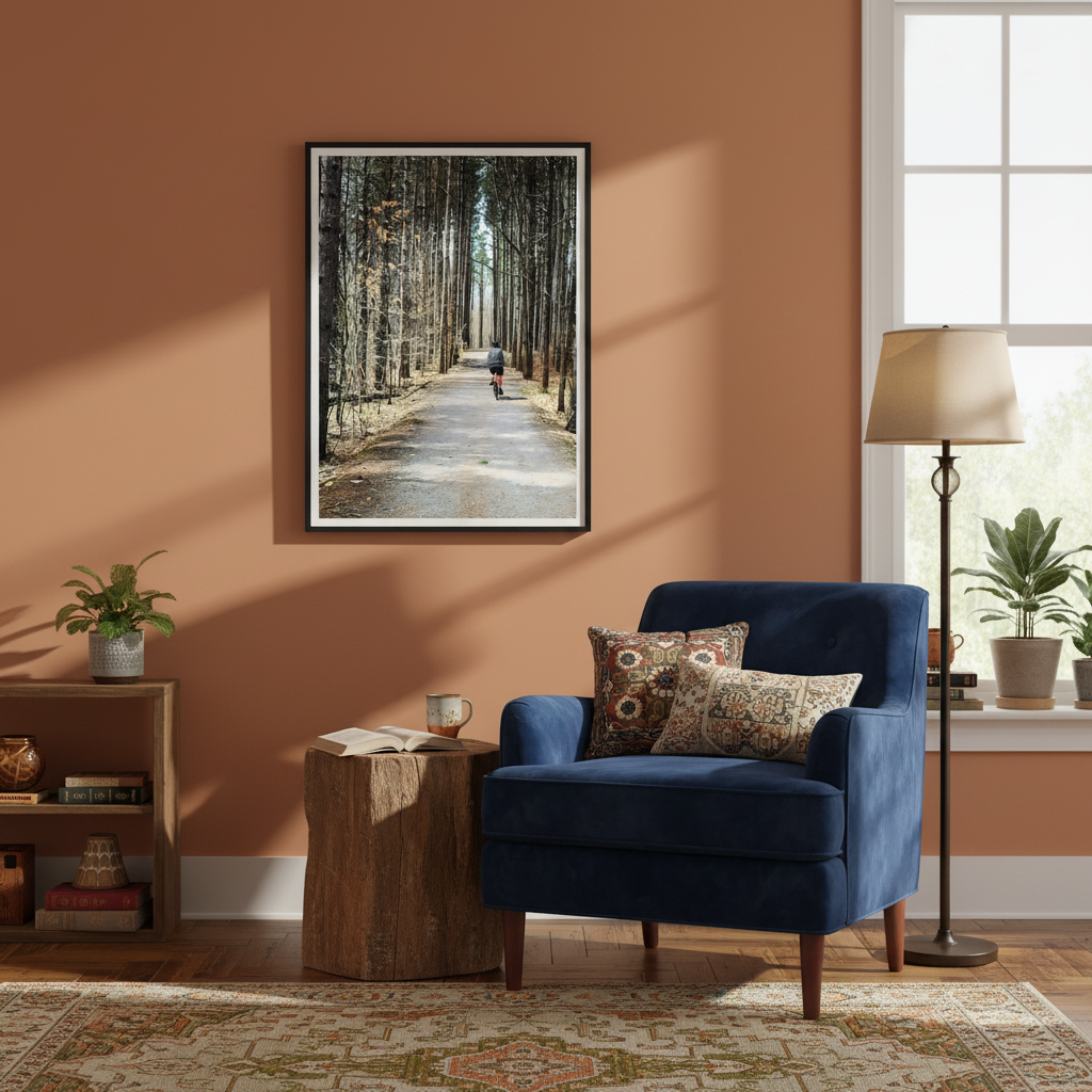 Navy blue armchair with patterned cushions in a living room setting with a framed picture on the wall - Studio Shefford