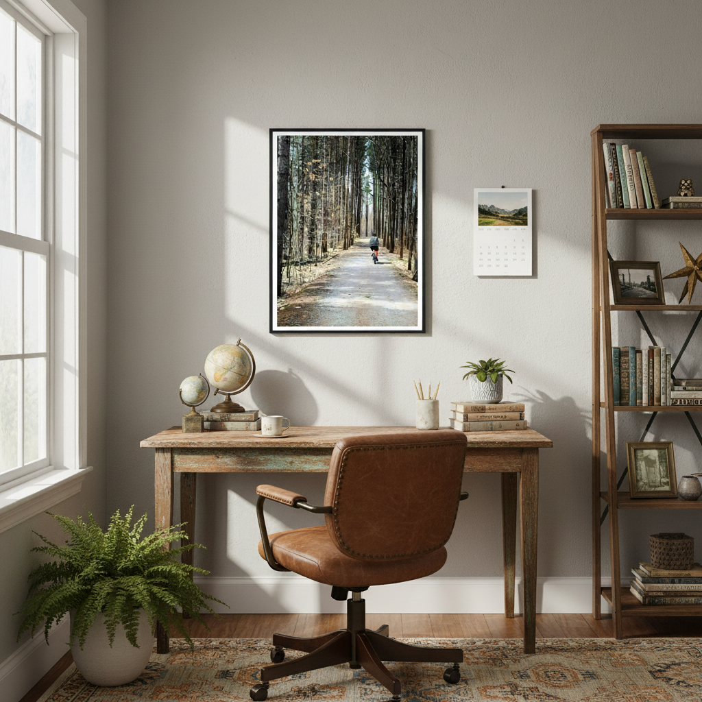 Home office with wooden desk, leather chair, and wall art - Studio Shefford