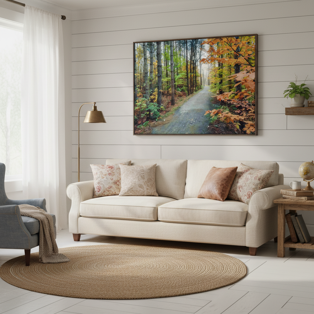 Living room with a beige sofa, round rug, and wall art of a forest path by Studi Shefford